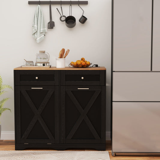 Tilt Out Trash Can Cabinet with Outlets and Adjustable Shelf-Black in kitchen setting with countertop accessories