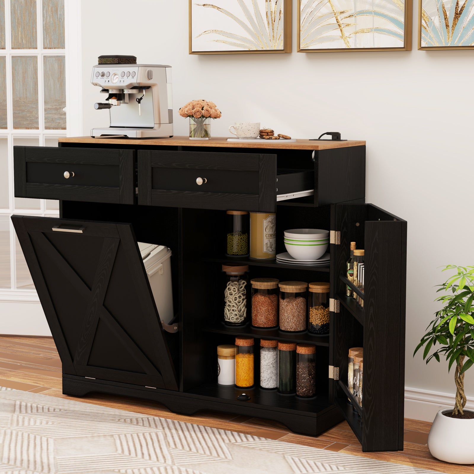 Tilt Out Trash Can Cabinet with Outlets and Adjustable Shelf-Black showcasing storage, power strip, and wide countertop.