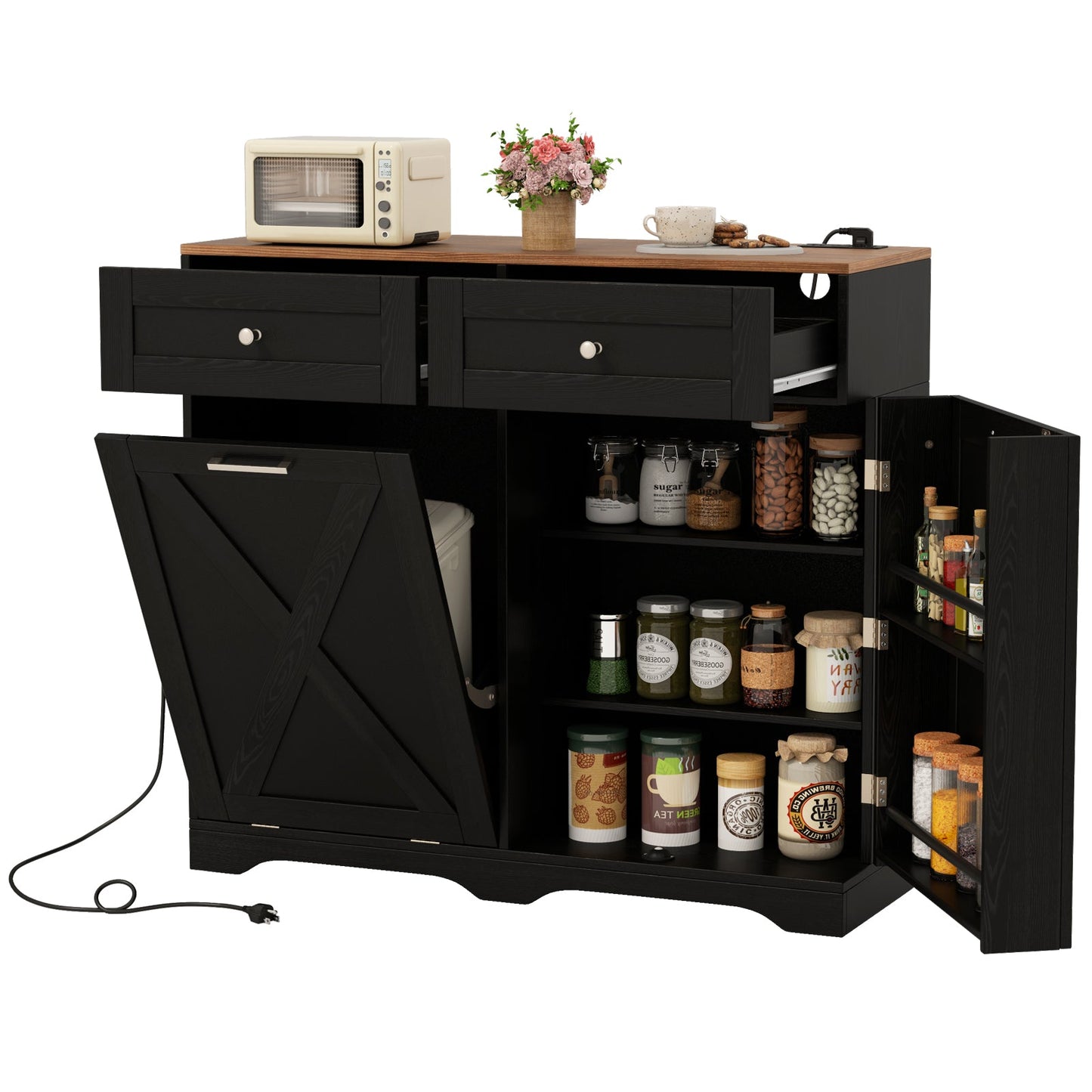 Tilt Out Trash Can Cabinet with Outlets and Adjustable Shelf-Black in kitchen setting showing storage and countertop space
