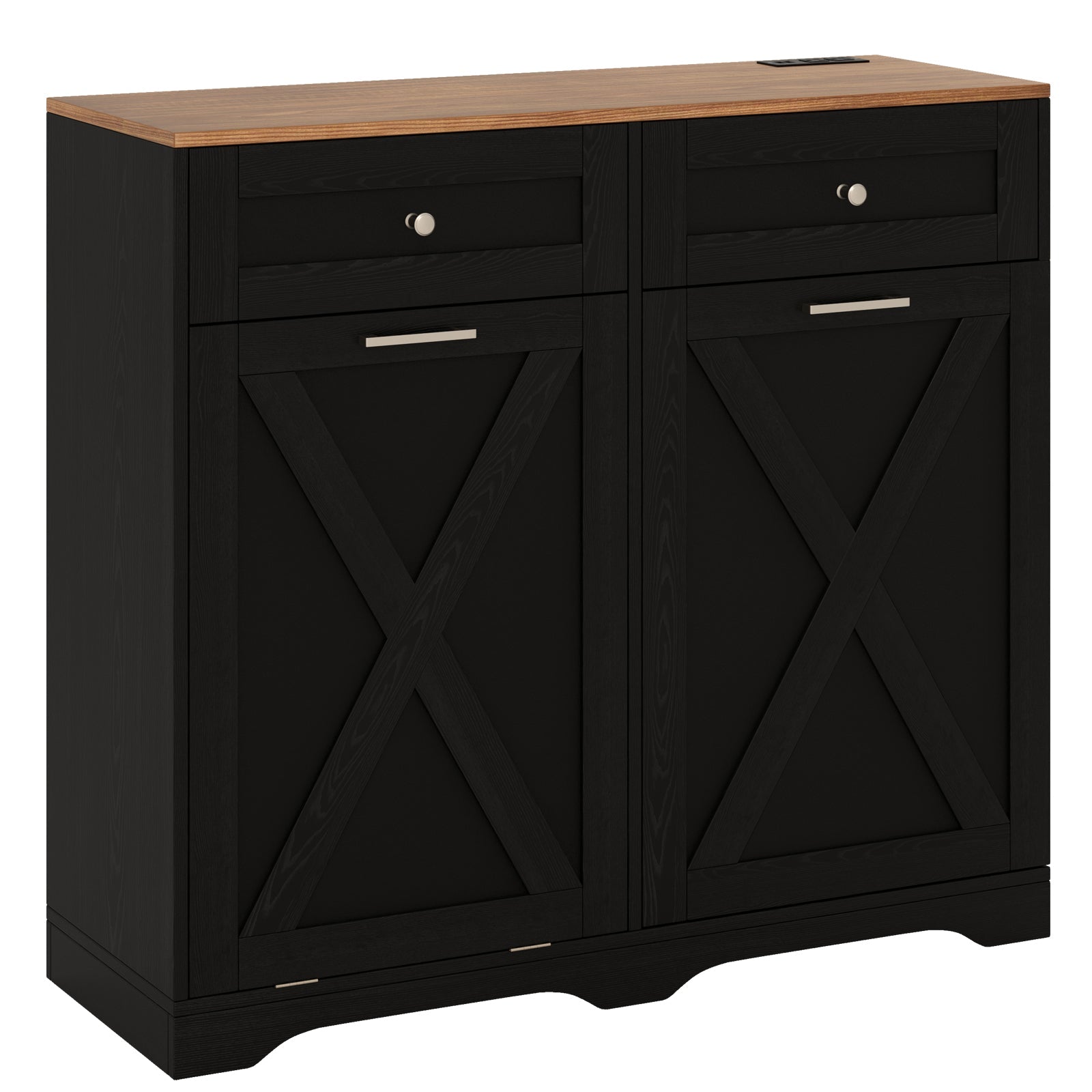 Tilt Out Trash Can Cabinet with Outlets and Adjustable Shelf-Black featuring drawers and countertop