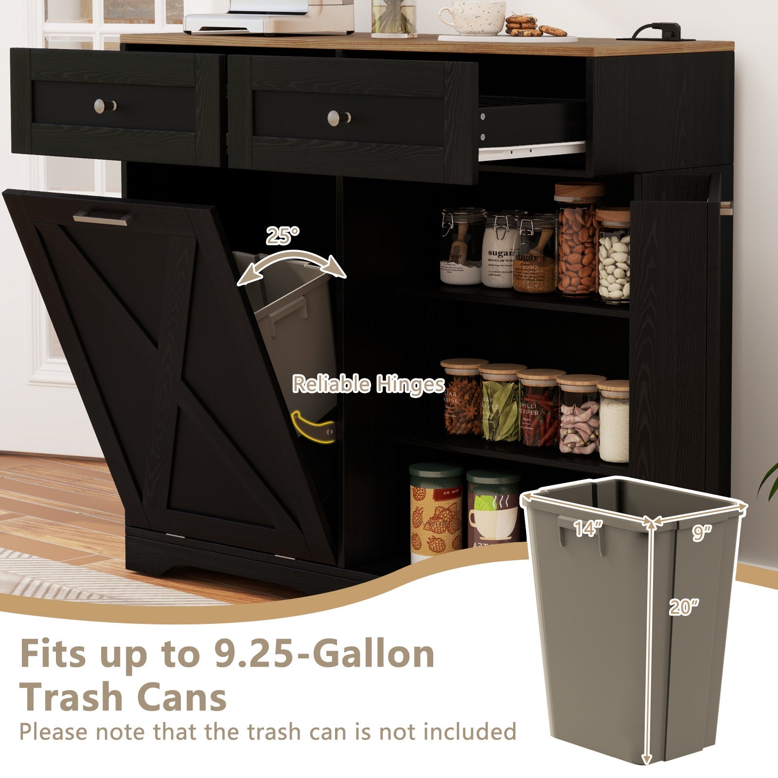 Tilt Out Trash Can Cabinet with Outlets and Adjustable Shelf-Black featuring dual shelves and power strip