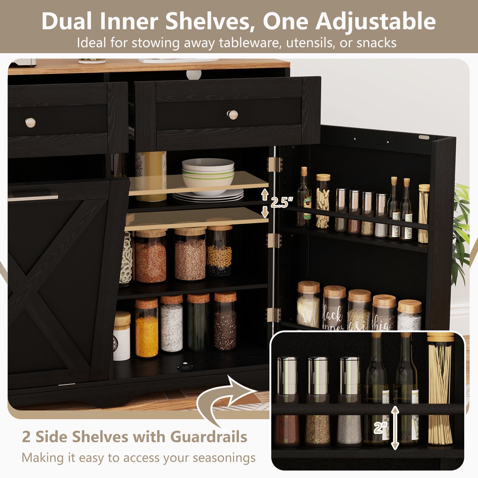 Tilt Out Trash Can Cabinet with Outlets and Adjustable Shelf-Black showcasing dual inner adjustable shelves and side shelves with guardrails