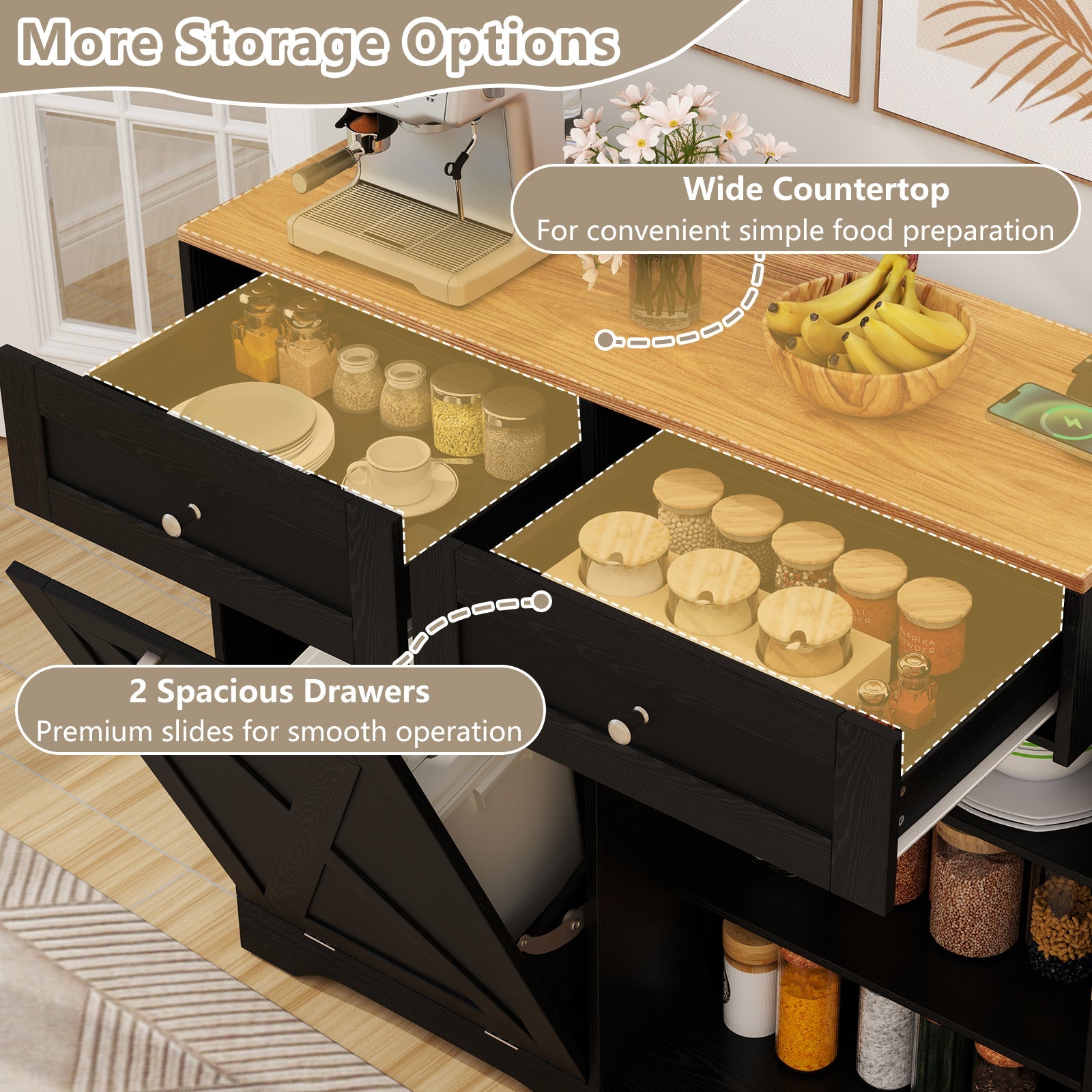 Tilt Out Trash Can Cabinet with Outlets and Adjustable Shelf-Black featuring wide countertop and spacious drawers for storage