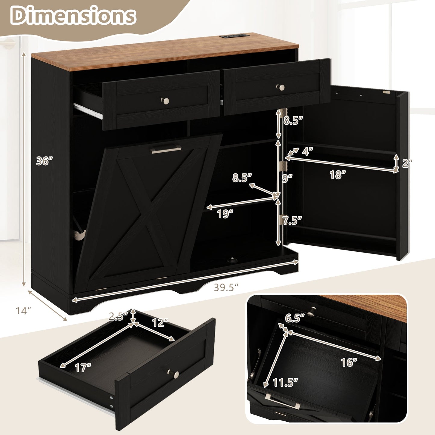 Dimensions of Tilt Out Trash Can Cabinet with Outlets and Adjustable Shelf-Black, featuring spacious drawers and inner shelves.
