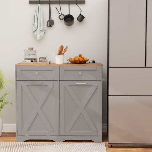 Tilt Out Trash Can Cabinet with Outlets and Adjustable Shelf-Gray in kitchen setting with countertop accessories.