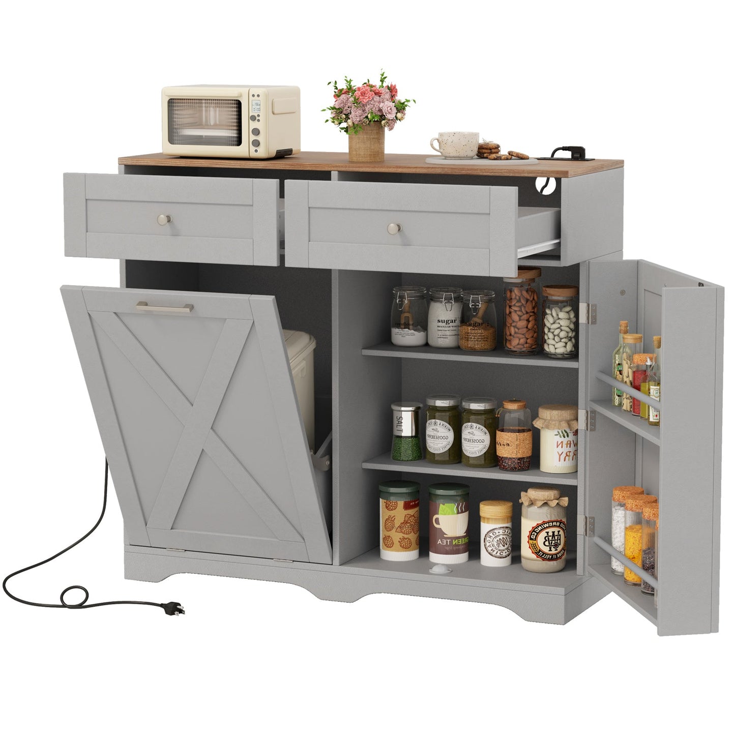 Tilt Out Trash Can Cabinet with Outlets and Adjustable Shelf