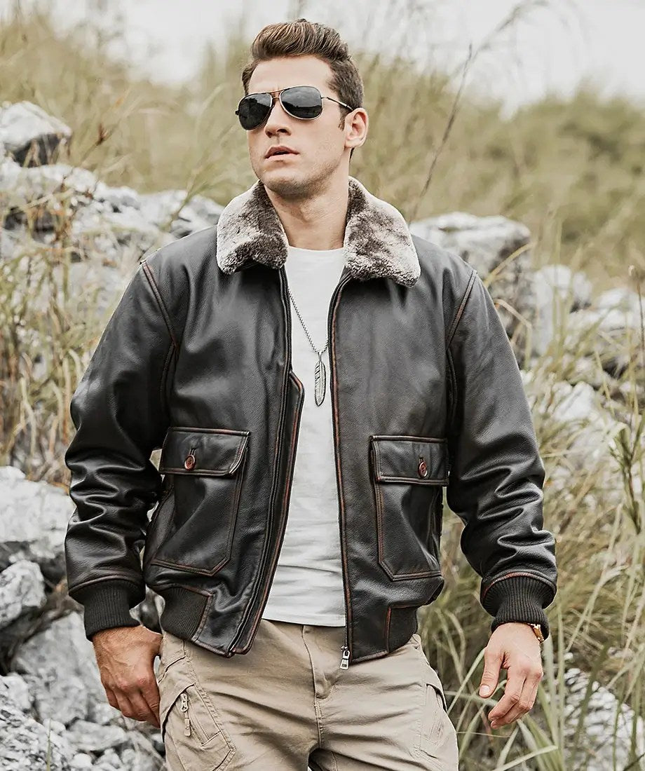 Tom Mens Aviator Bomber Real Cowhide Leather Jacket with Shearling Collar