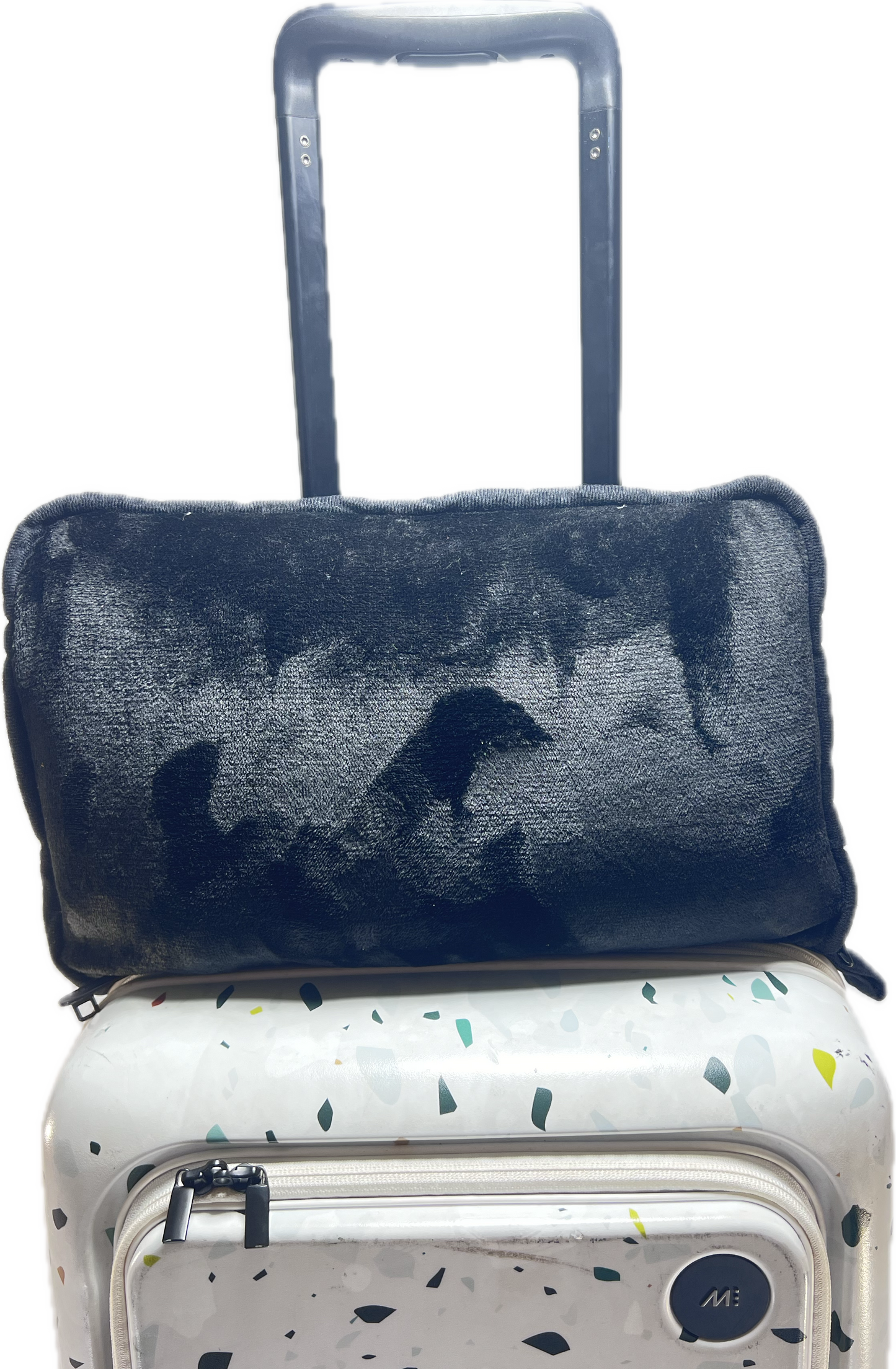 Golf / Travel Blanket in carry case on luggage, showcasing stylish flannel design with trolley sleeve for easy travel.