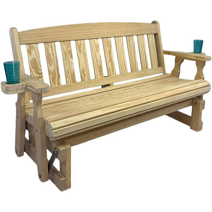 4ft Heavy Duty Unfinished Wood Porch Glider Bench with Cupholders - Made in USA, handcrafted Amish quality, natural pine finish.