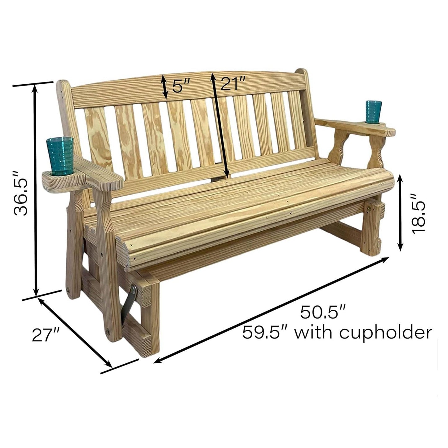 4ft Heavy Duty Unfinished Wood Porch Glider Bench with Cupholders - Made in USA, featuring mission backrest and smooth gliding.