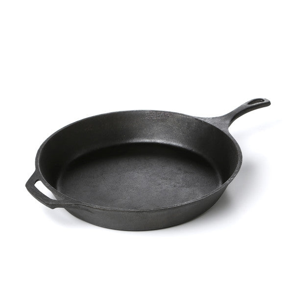 Pre-Seasoned Cast Iron 14-inch Round Skillet shown with ergonomic handle and durable construction for easy and fast cooking.