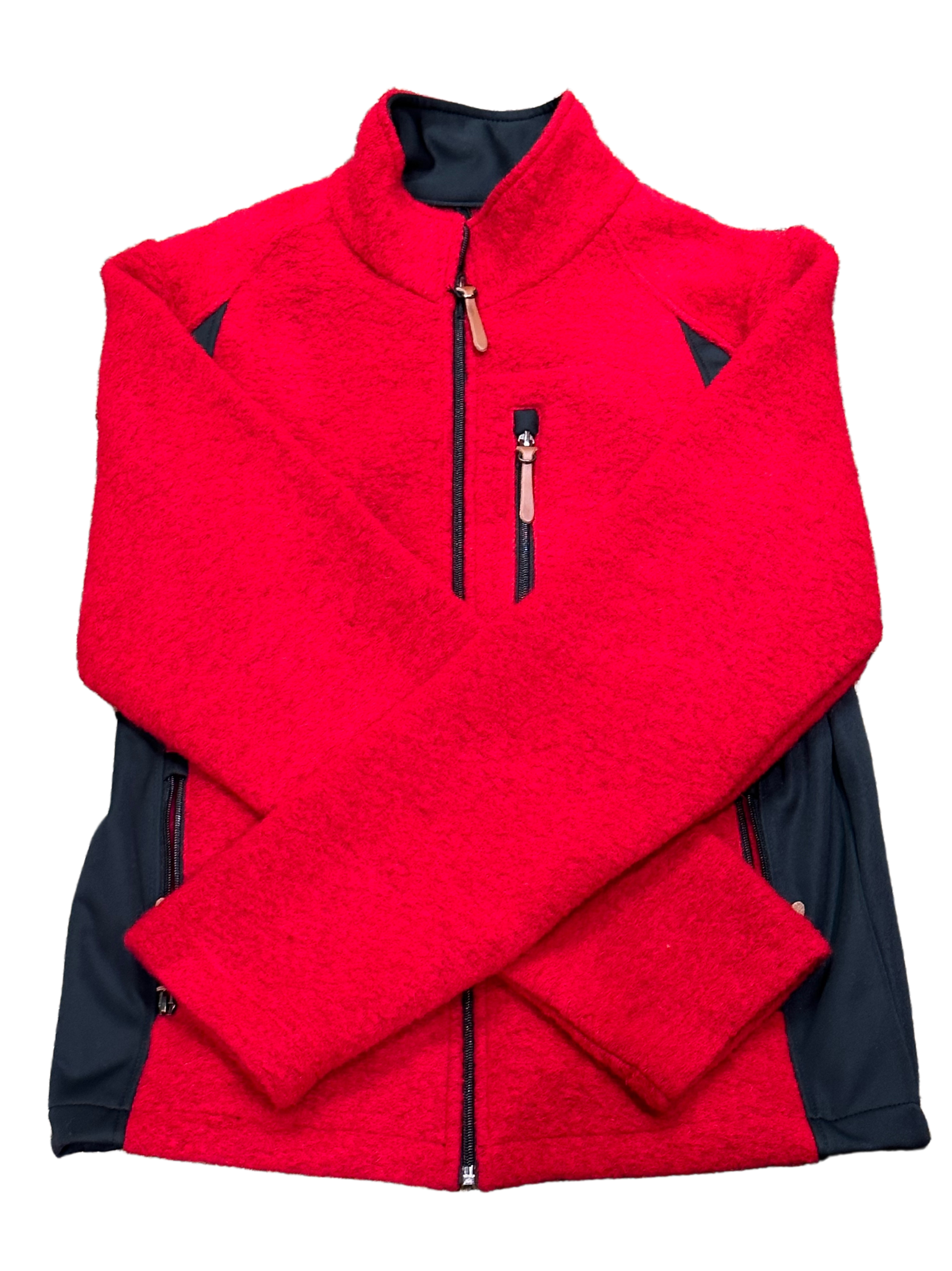 Washable Wool Red Jacket with zipper pockets, crafted in Italy, featuring premium wool and a tailored fit, displayed on a white background.