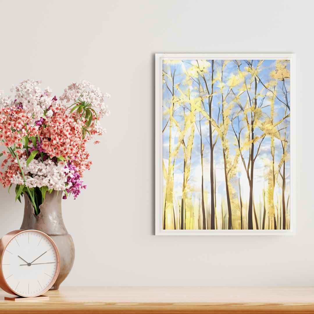 Golden Forest Canvas Print with serene golden trees under a blue sky, perfect for home or office decor, enhances tranquility.