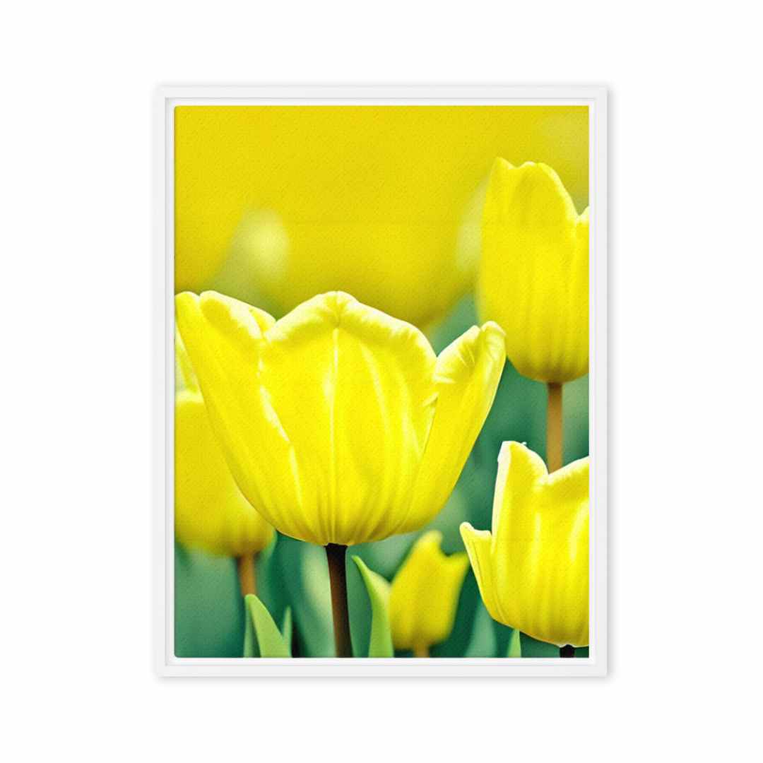 Sunny Garden Blooms print featuring vibrant yellow tulips with green leaves, perfect for adding a touch of springtime to any space.
