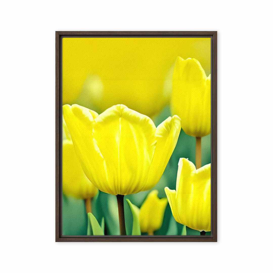 Sunny Garden Blooms print featuring vibrant yellow tulips against green leaves, perfect for adding a splash of spring to any room.