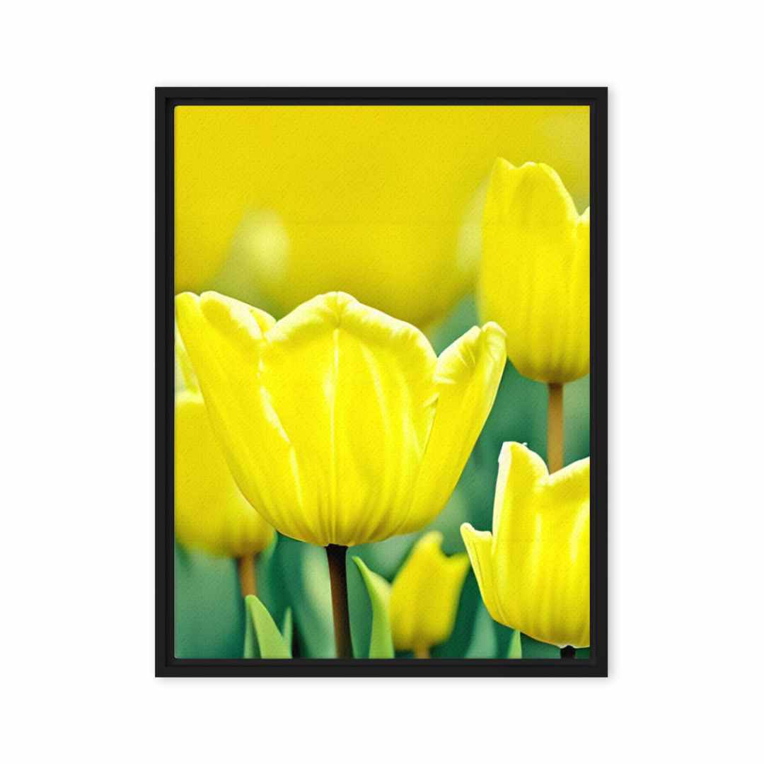 Sunny Garden Blooms print with bright yellow flowers on a vibrant green background, enhancing home or office decor with springtime charm.