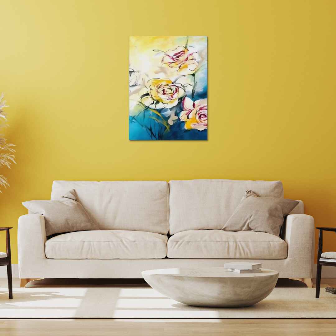 Canvas print Colorful Trio with white, red, and yellow flowers on a blue, white, and yellow background, hanging above a beige sofa.