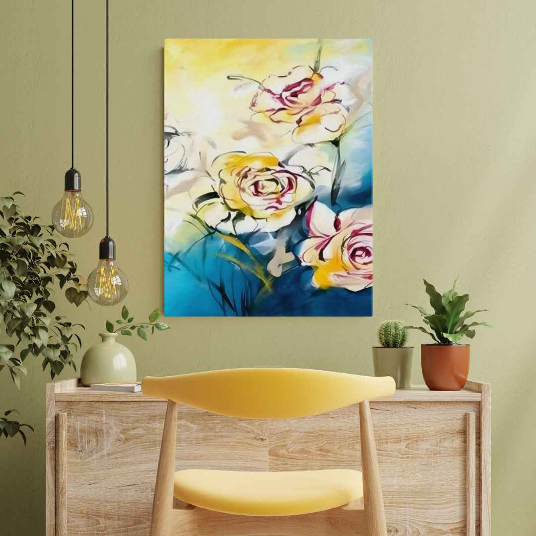 Colorful Trio canvas print featuring vibrant red, yellow, and white flowers with a blue, white, and yellow background.
