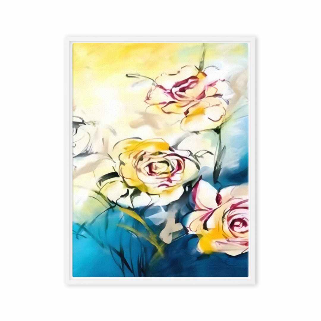 Colorful Trio canvas print featuring white, red, and yellow flowers on a blue, white, and yellow background with pencil-like technique.