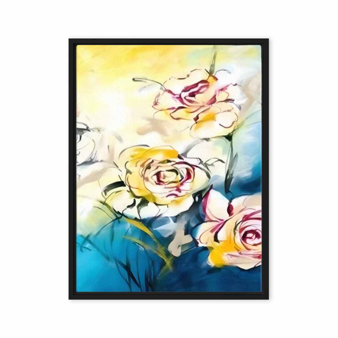 Colorful Trio wall art featuring red, yellow, and white flowers on a blue background in a pencil-like style canvas print.