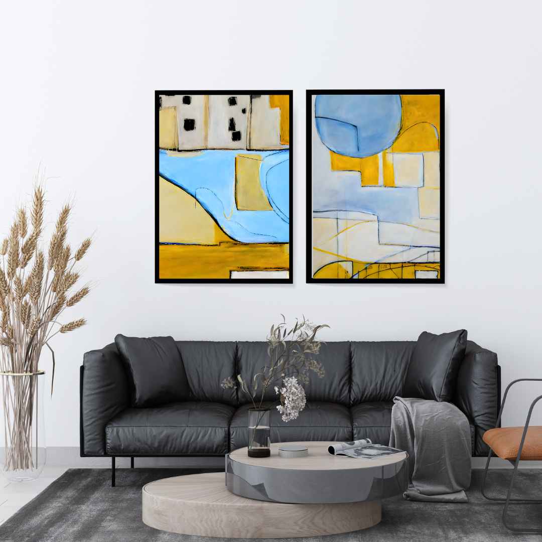 Chromatic Symphony I canvas print with whimsical lines and bold black outlines, adding depth and color to modern living room decor.