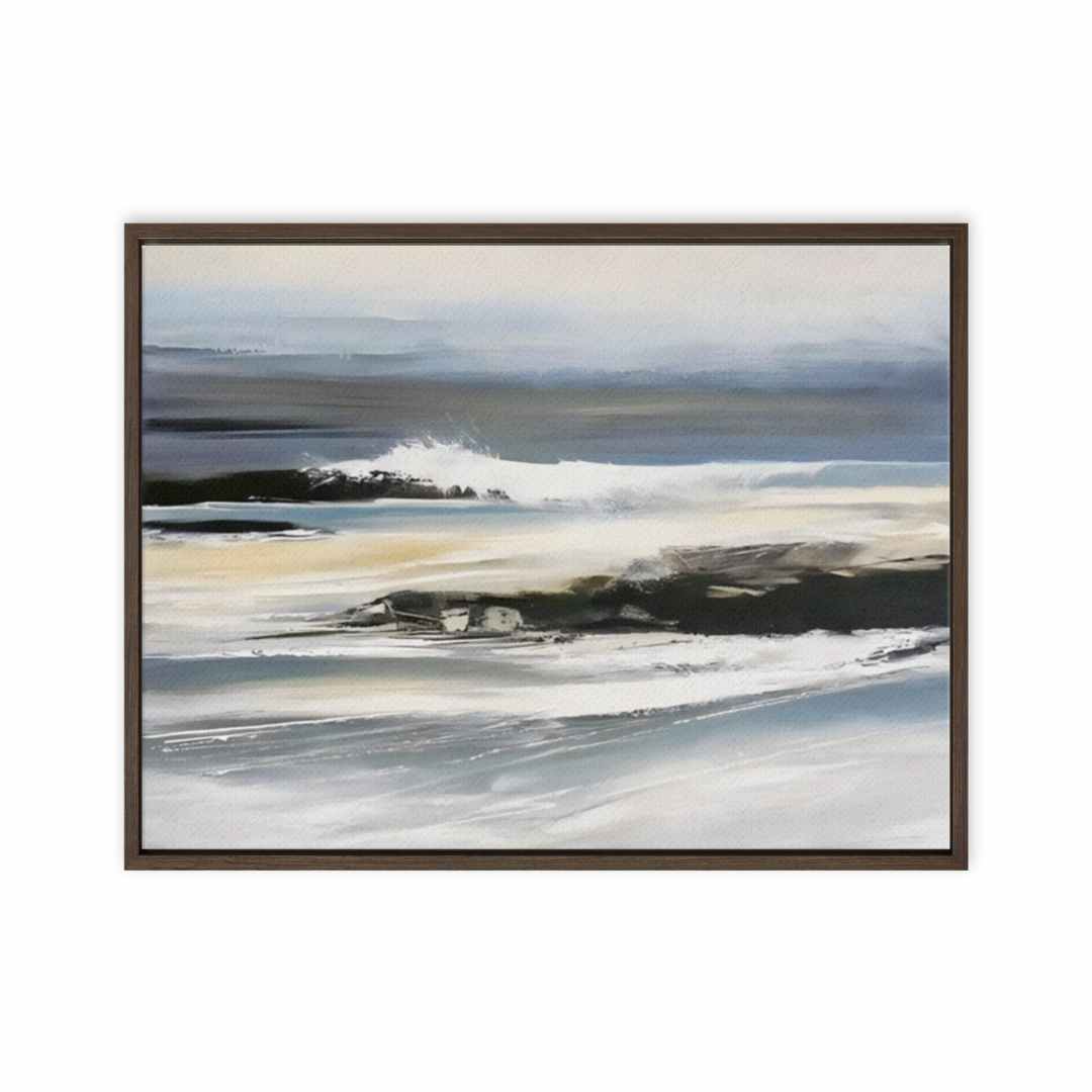 Canvas print of ocean waves crashing on rocks with coastal scenery and natural beauty.