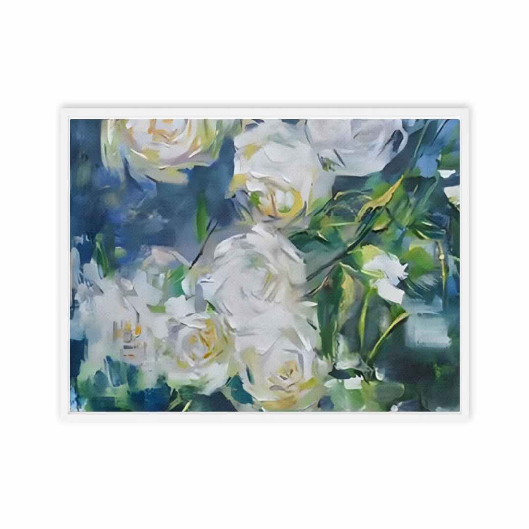 Light in Spines canvas print featuring white roses with blue and green background, adding texture and depth to home decor.