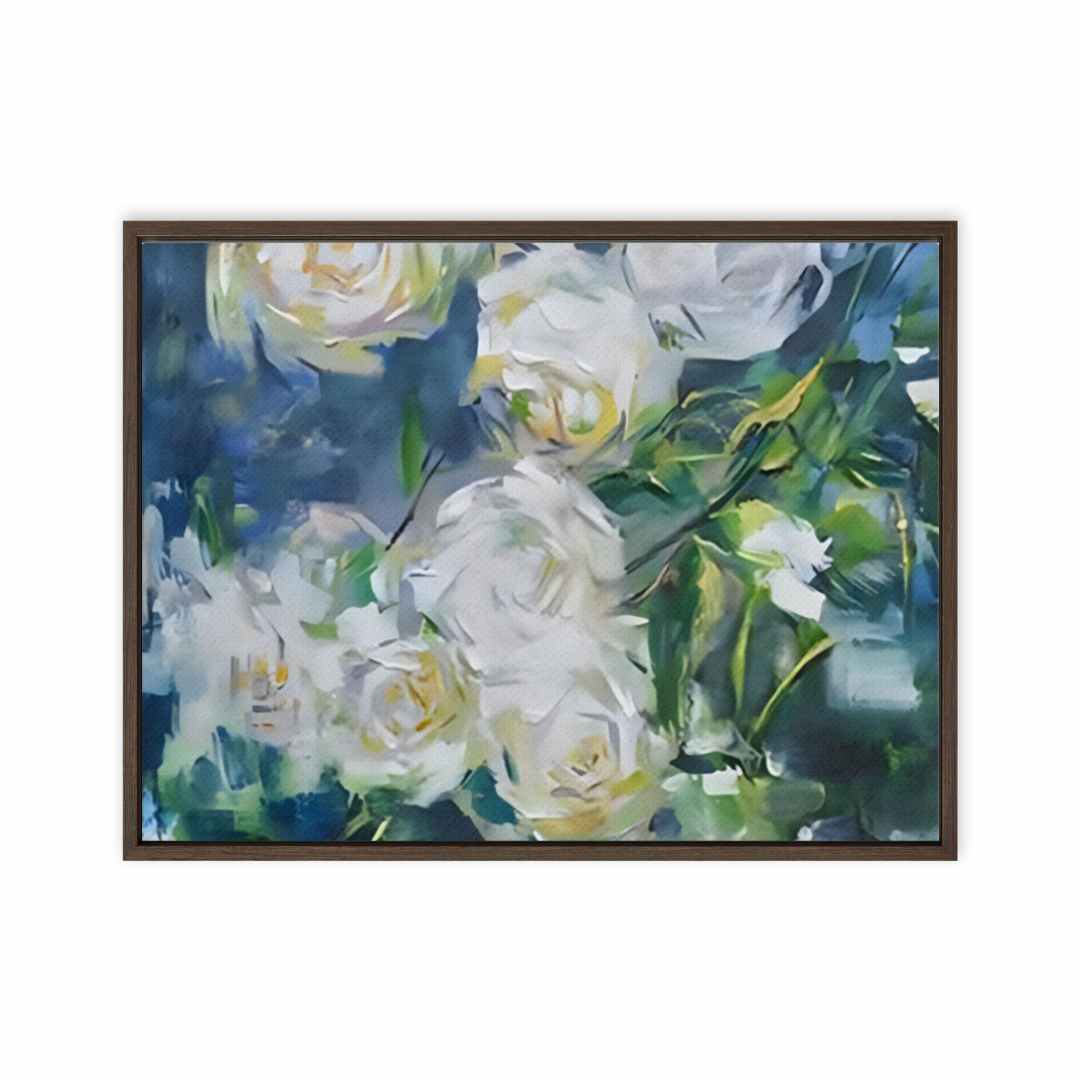 Light in Spines canvas print with white roses on a blue and green background, featuring unique brushstrokes and serene colors.