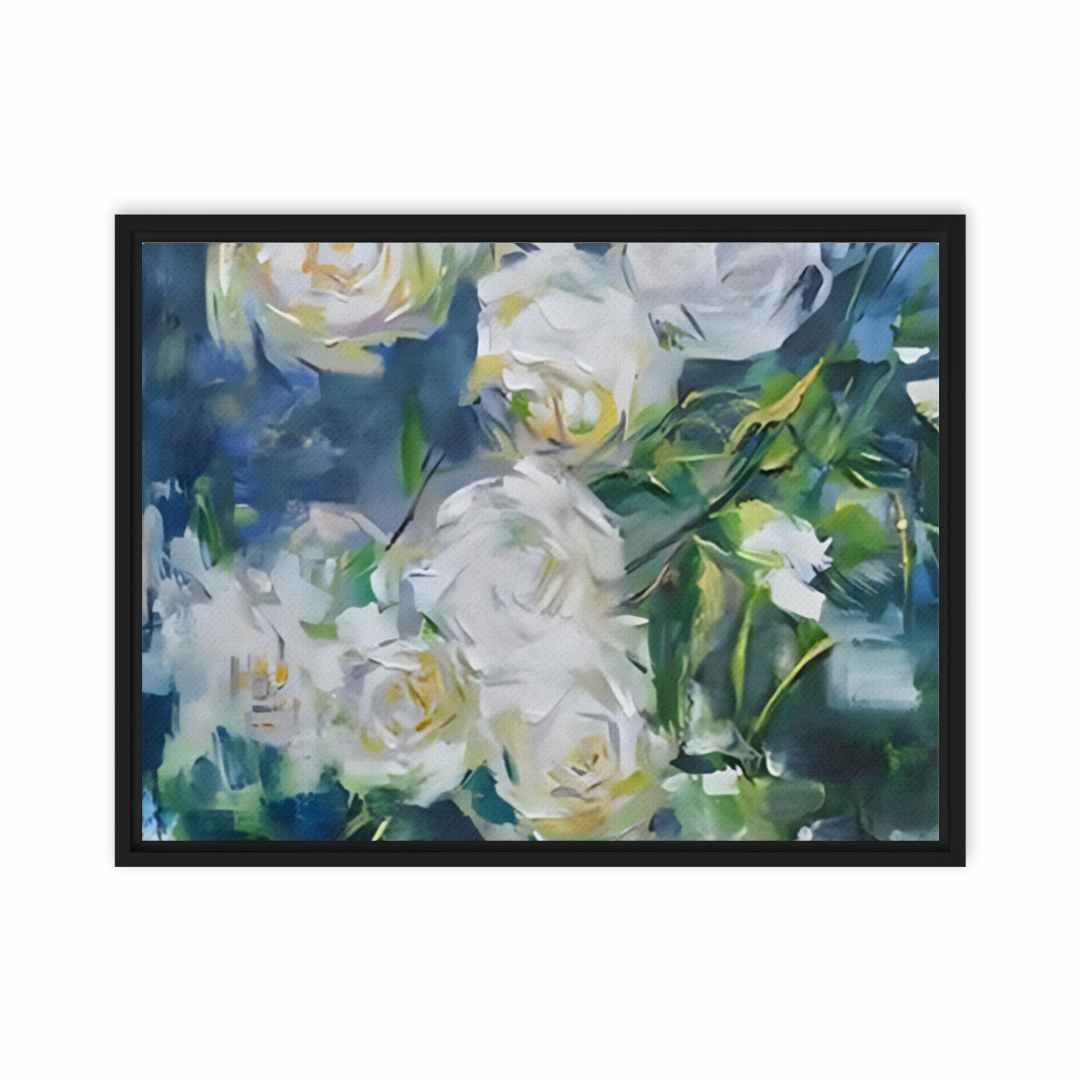 Light in Spines canvas print with white roses on a blue and green background with yellow highlights