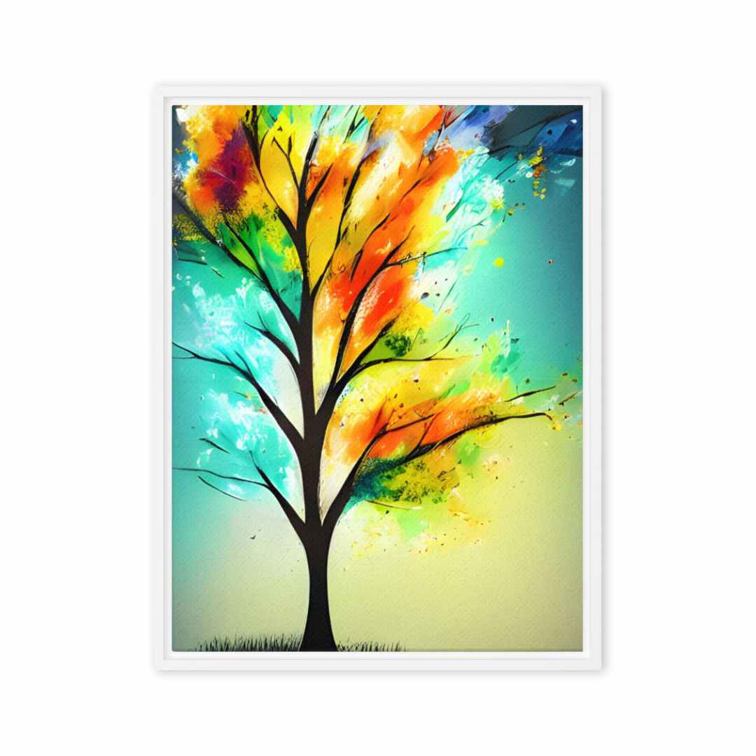 Magic Rainbow Tree Of Life canvas print with vibrant multicolor tree, oil painting art featuring yellows, oranges, and blues.