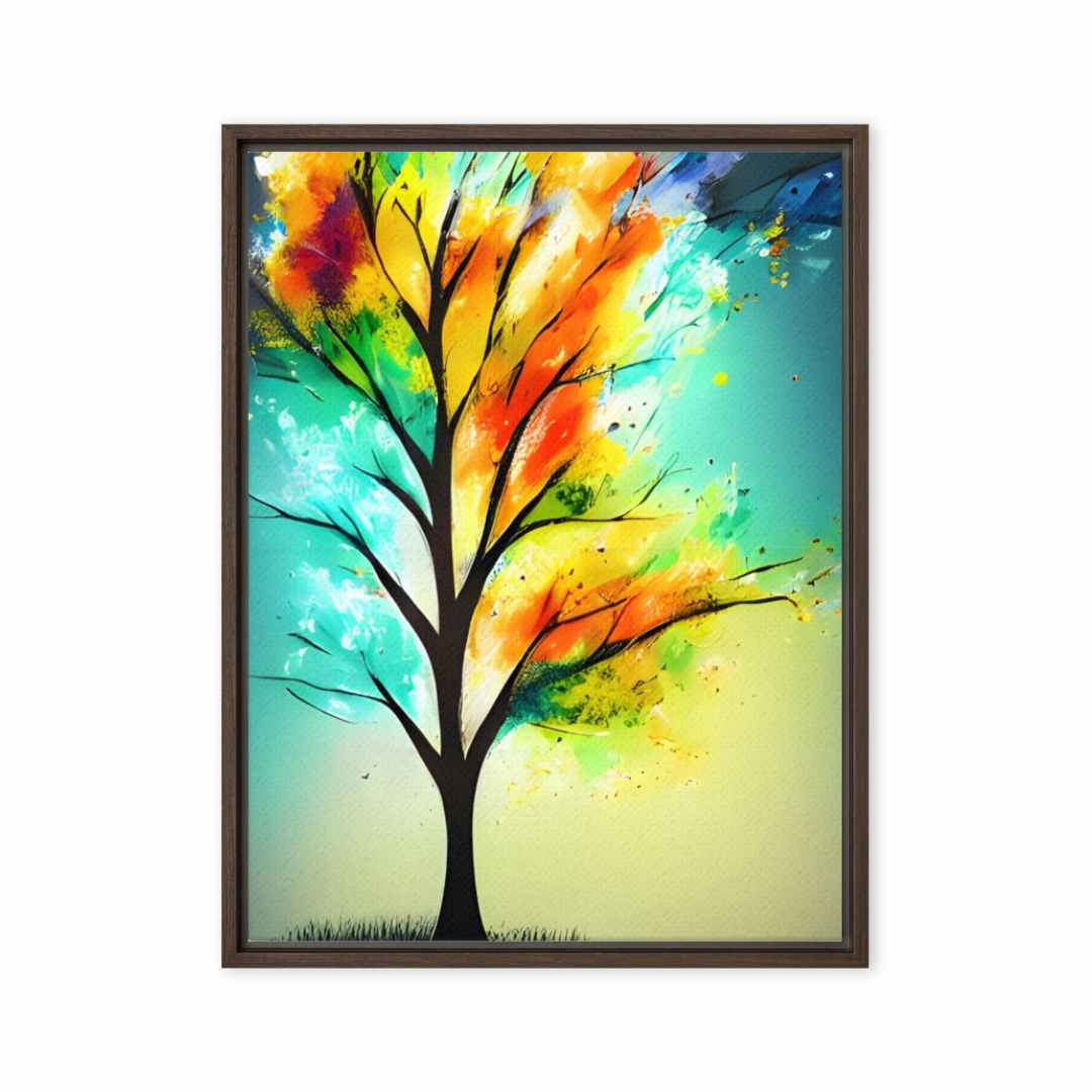 Rainbow Tree of Life canvas print with multicolor vibrant tree on a textured background, featuring yellow, orange, green, and blue tones.