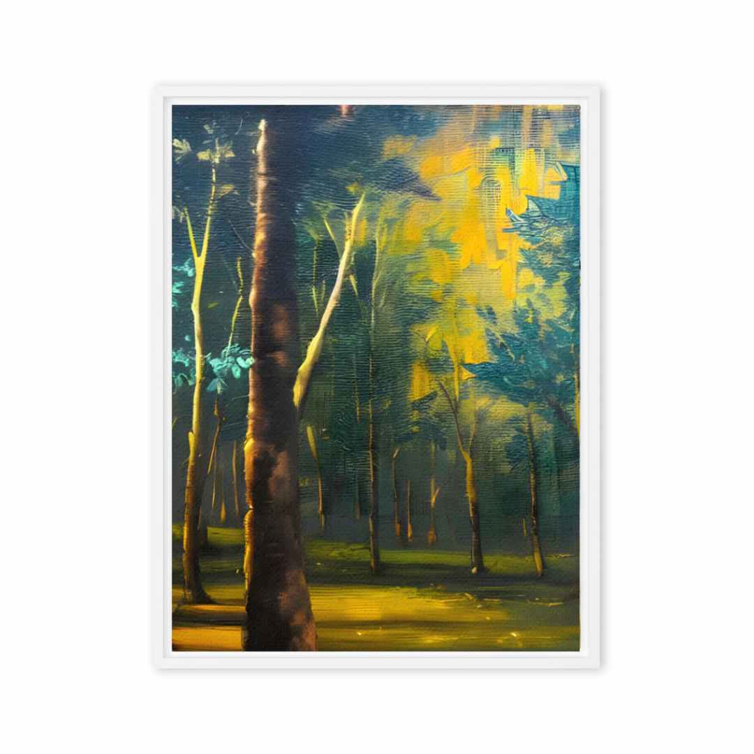 Serene Green Forest canvas print featuring vibrant shades of green, yellow, orange, and blue with subtle brushstrokes, wall art decor