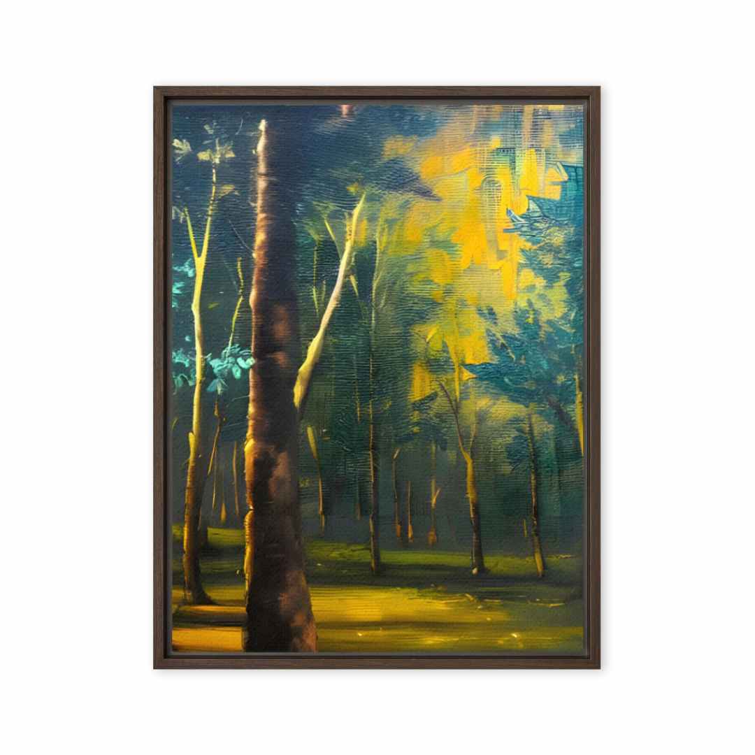 Serene Green Forest canvas print with vibrant shades of green, yellow, and blue, creating a tranquil landscape art piece for home decor.