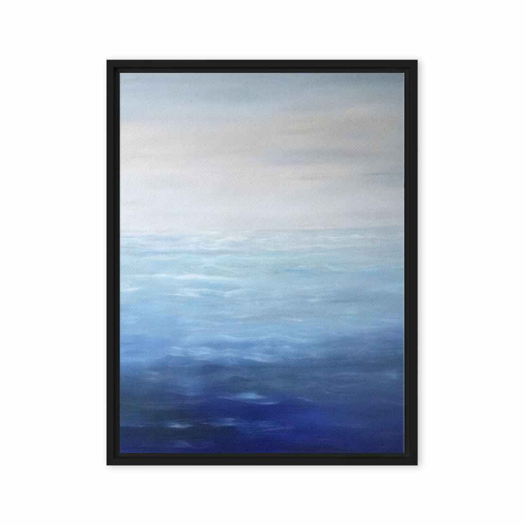 Finding Peace with the Ocean canvas print featuring a serene oil painting of a calming ocean view in blue and white tones.