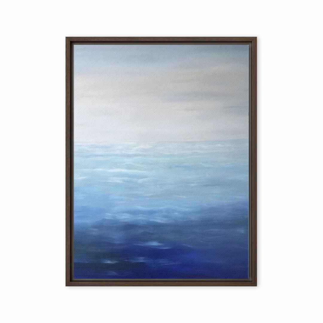 Finding Peace with the Ocean canvas print, serene blue and white ocean view with subtle brushstrokes, soothing artwork for home decor.