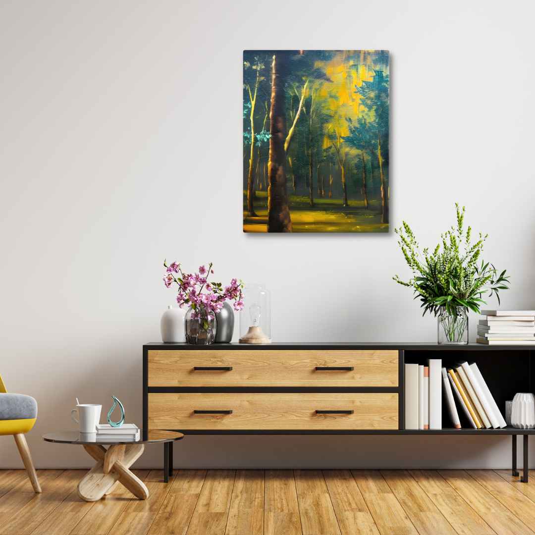 Canvas print of Serene Green Forest landscape with vibrant green, yellow, and blue shades hanging above a modern table in a stylish room.