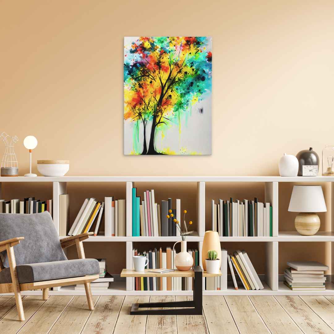 Rainbow Tree of Life canvas print in vibrant colors in a modern living room setting.