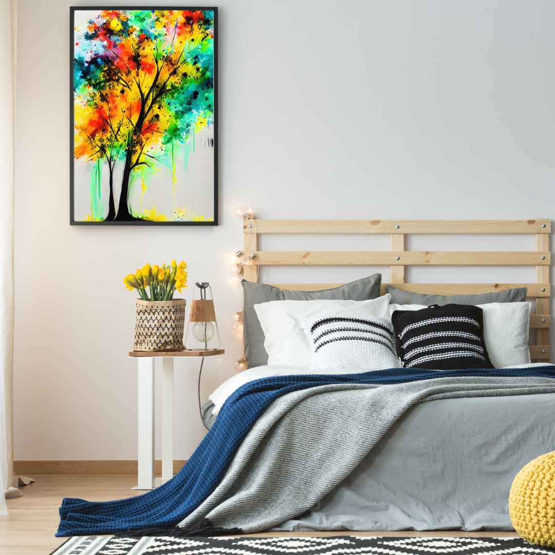 Rainbow Tree of Life Canvas Print in bedroom, vibrant multicolor tree with yellow, green, black, pink, red, purple, blue tones.