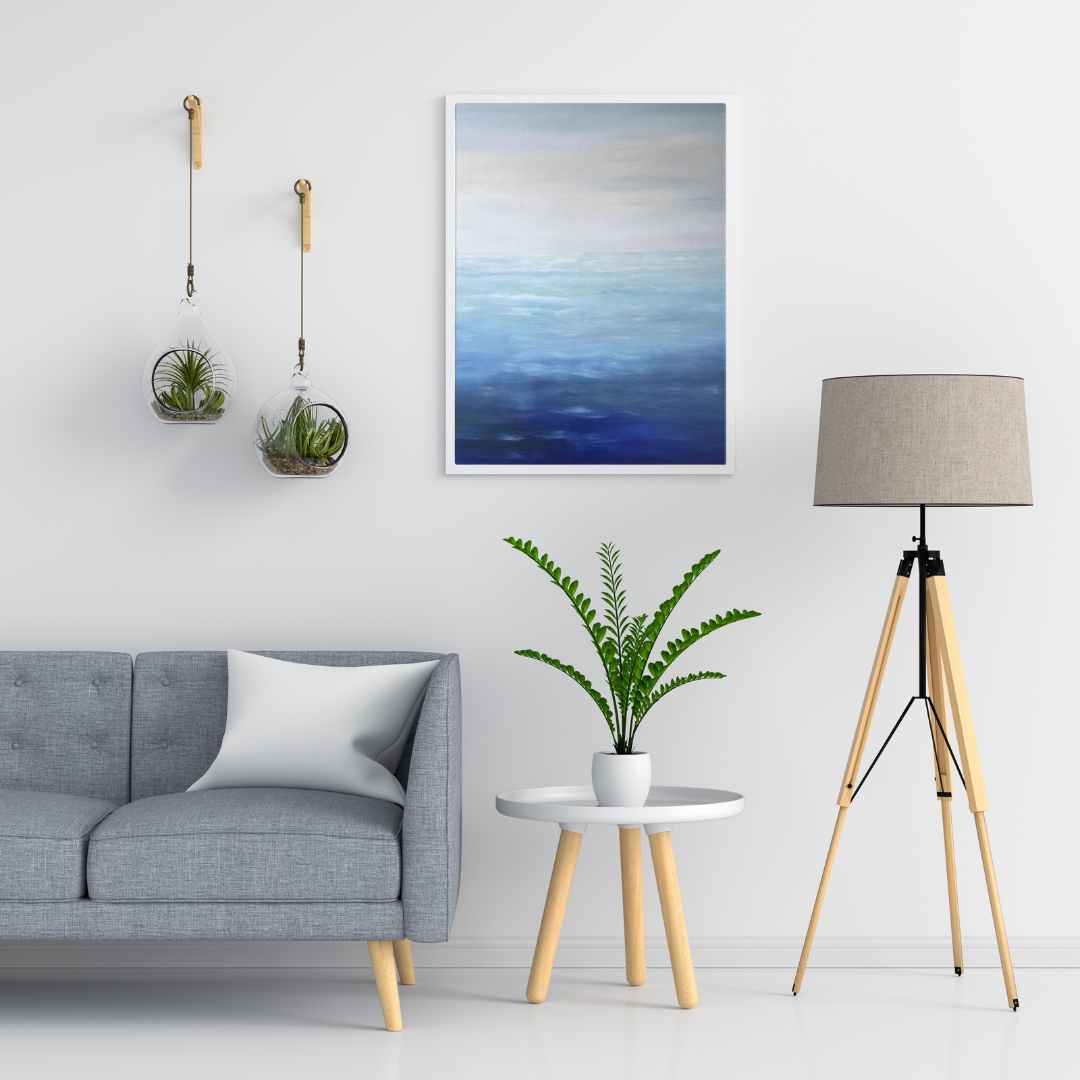 "Finding Peace with the Ocean" canvas print in modern living room decor.