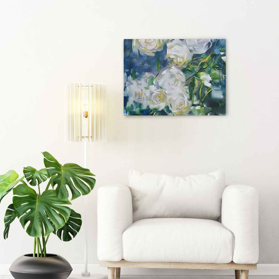 Light in Spines canvas print with white roses and blue-green background in modern living room decor above a white sofa.