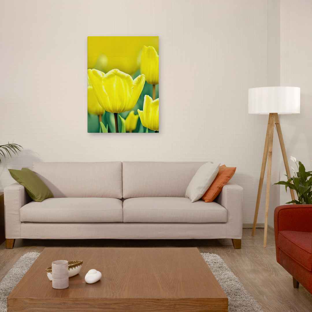 Sunny Garden Blooms artwork of yellow flowers on a wall in a modern living room with a beige sofa.