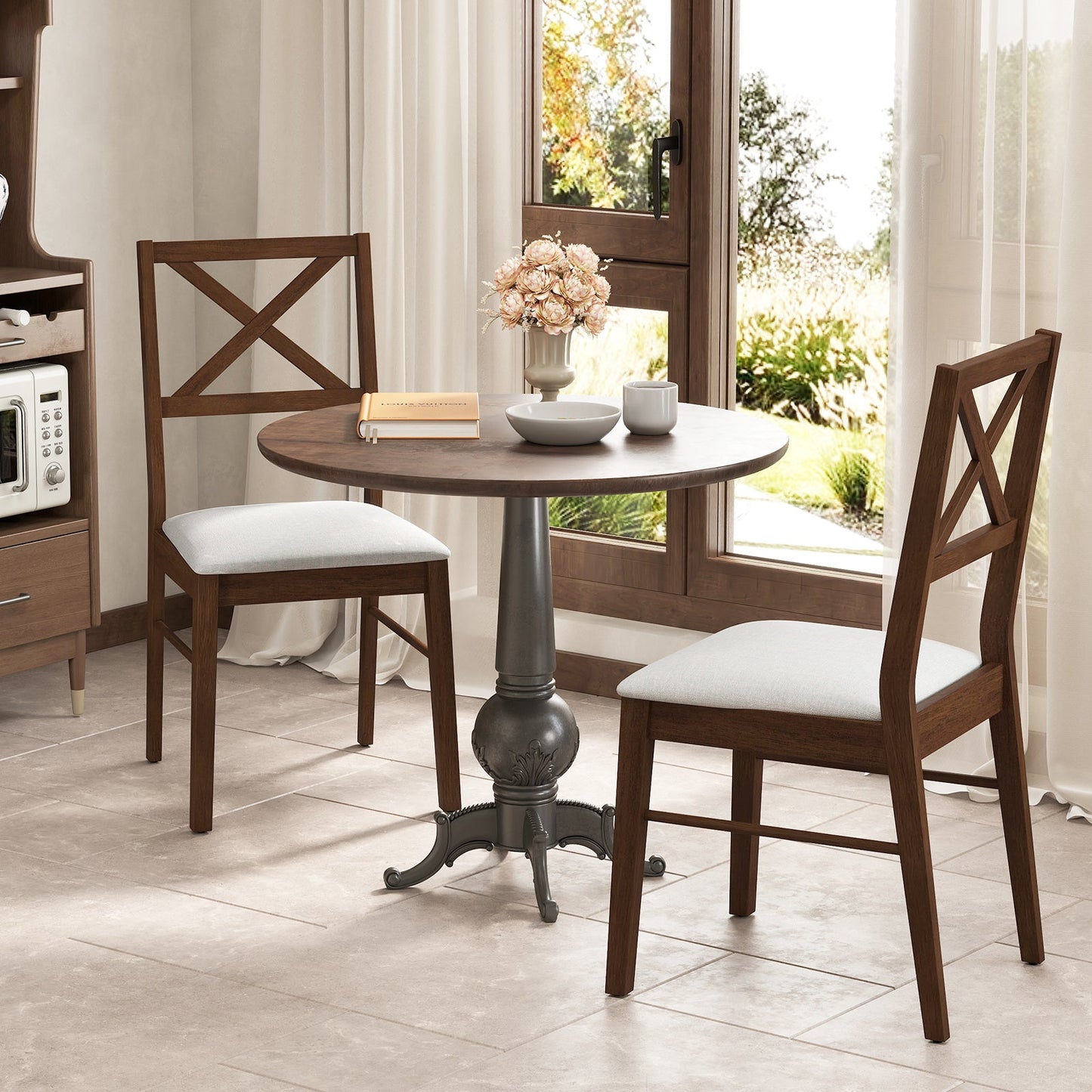 Upholstered Side Dining Chairs Set of 2 with Rubber Wood Frame-Brown in a cozy dining room setting