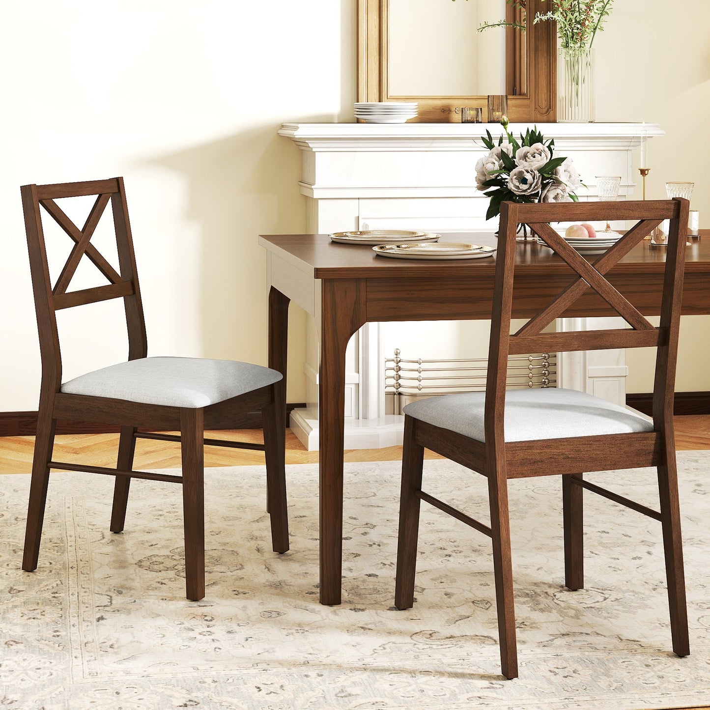 Upholstered Side Dining Chairs Set of 2 with Rubber Wood Frame-Brown in dining room setting