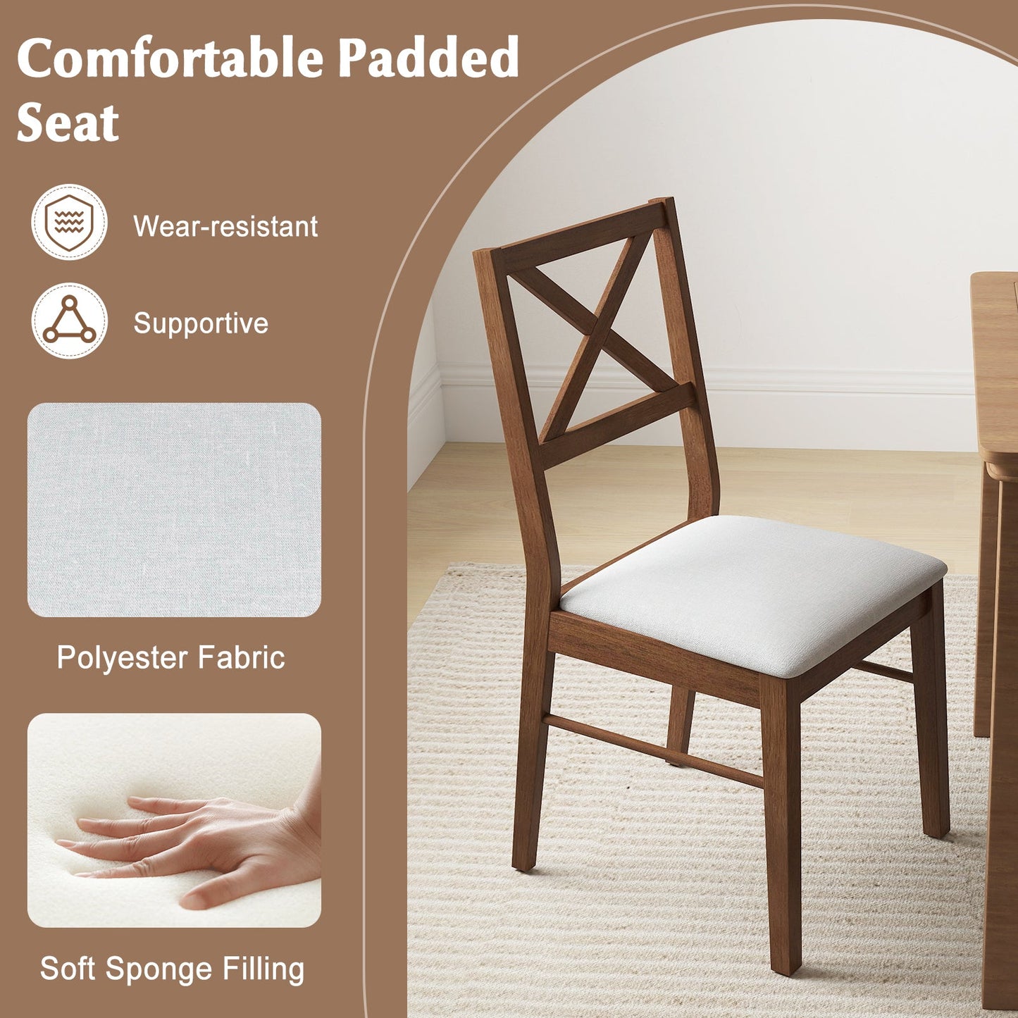 Upholstered Side Dining Chairs Set of 2 with Rubber Wood Frame-Brown featuring comfortable padded seat and ergonomic design.