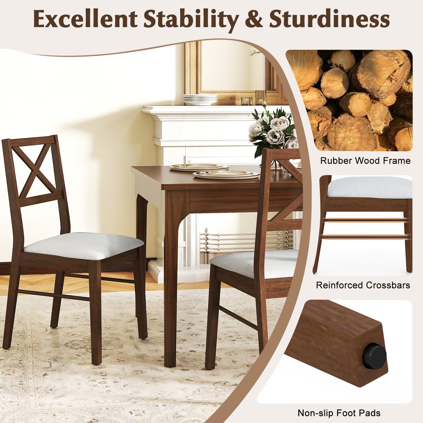Upholstered Side Dining Chairs Set of 2 with Rubber Wood Frame-Brown featuring non-slip foot pads, crossbars, and ergonomic design.