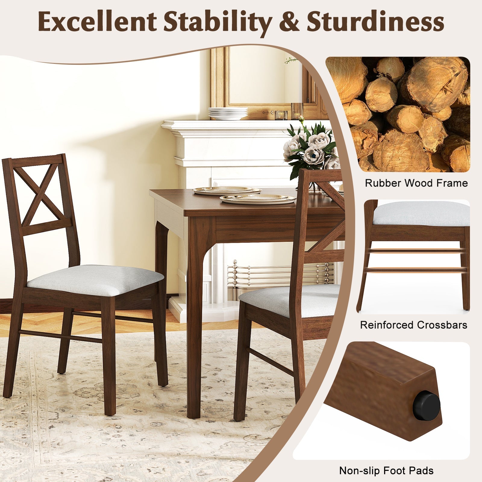 Upholstered Side Dining Chairs Set of 2 with Rubber Wood Frame-Brown featuring non-slip foot pads, crossbars, and ergonomic design.