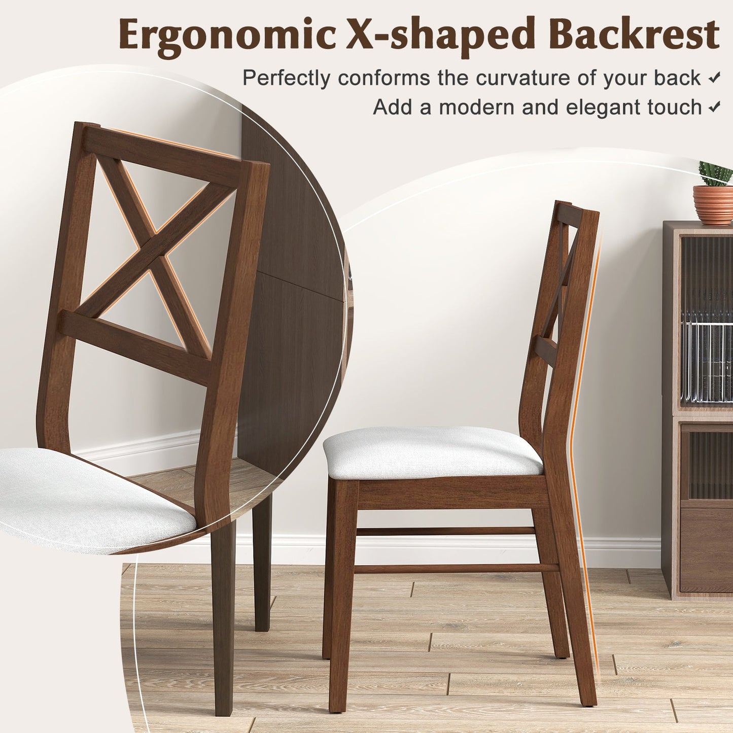 Upholstered Side Dining Chairs Set of 2 with Rubber Wood Frame-Brown featuring ergonomic X-shaped backrest