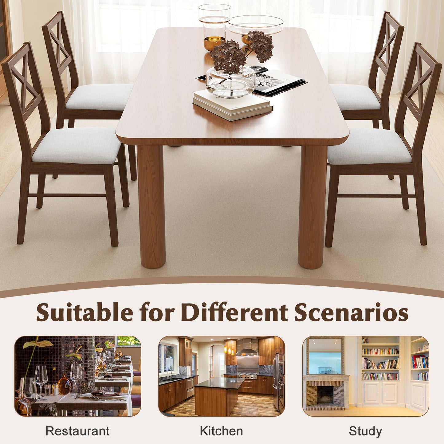 Dining room with Upholstered Side Dining Chairs Set of 2 with Rubber Wood Frame-Brown around a wooden table.