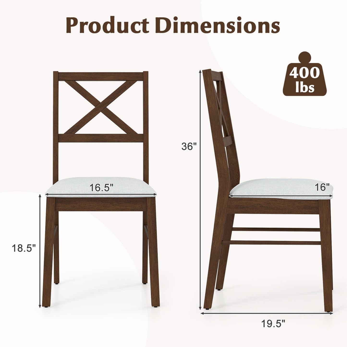 Product dimensions of the Upholstered Side Dining Chairs Set of 2 with Rubber Wood Frame-Brown showing 400 lbs capacity