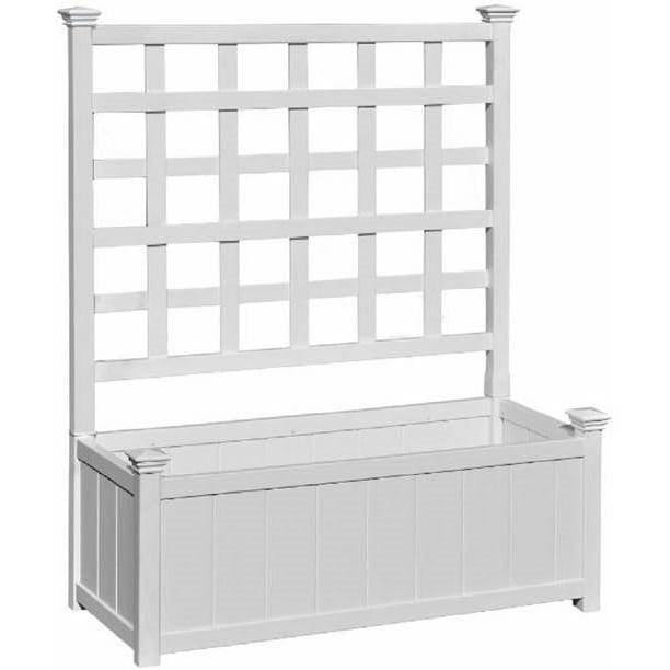 Outdoor White Vinyl Garden Planter Box with Trellis featuring lattice grid for climbing plants, ideal for herbs and decorative flowers.